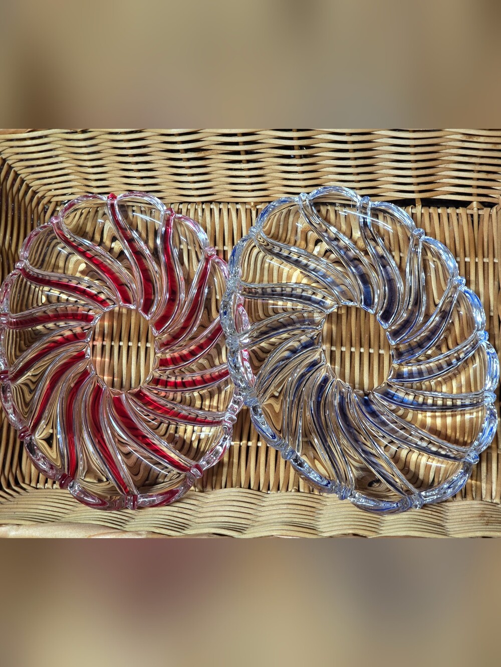 2 Vintage Glass Oval Serving Dishes, Red Swirl, Blue Swirl, Mikasa
